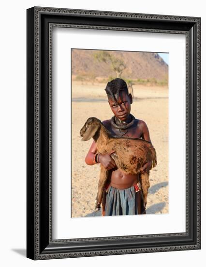 Himba Girl With Traditional Double Plait Hairstyle, Carrying A Goat-Eric Baccega-Framed Photographic Print