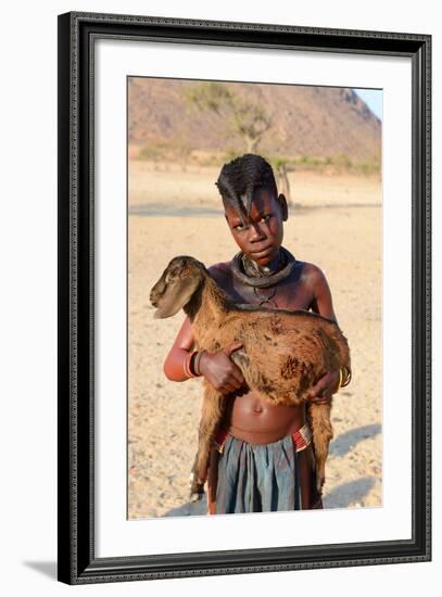 Himba Girl With Traditional Double Plait Hairstyle, Carrying A Goat-Eric Baccega-Framed Photographic Print