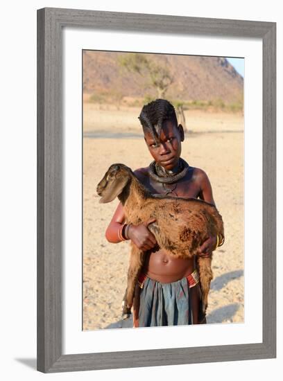 Himba Girl With Traditional Double Plait Hairstyle, Carrying A Goat-Eric Baccega-Framed Photographic Print