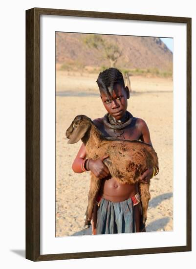 Himba Girl With Traditional Double Plait Hairstyle, Carrying A Goat-Eric Baccega-Framed Photographic Print