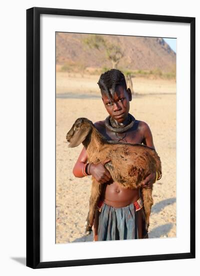 Himba Girl With Traditional Double Plait Hairstyle, Carrying A Goat-Eric Baccega-Framed Photographic Print