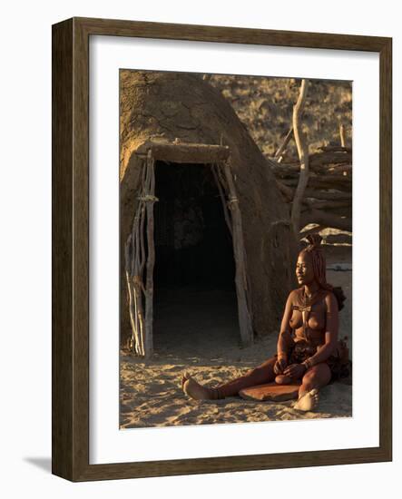 Himba Woman Grinding Rock into Powder, Purros Village, Kaokoland, Namibia-Kim Walker-Framed Photographic Print