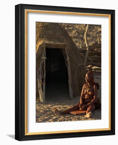 Himba Woman Grinding Rock into Powder, Purros Village, Kaokoland, Namibia-Kim Walker-Framed Photographic Print