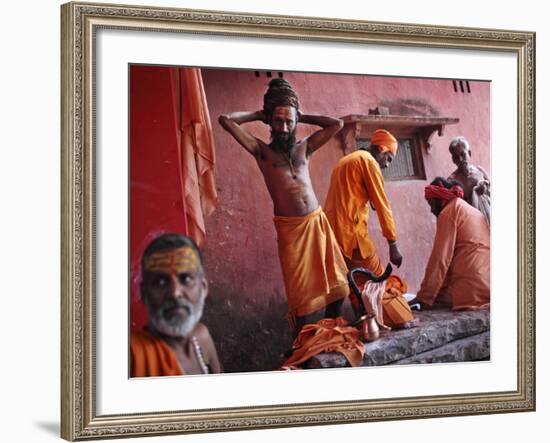 Hindu Holy Men Relax after Taking Holy Dip in River Ganges During the Kumbh Mela Festival in India-null-Framed Photographic Print