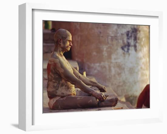 Hindu Pilgrim Meditating, Sitting Cross-Legged on the Ghats, Varanasi, Uttar Pradesh State, India-John Henry Claude Wilson-Framed Photographic Print