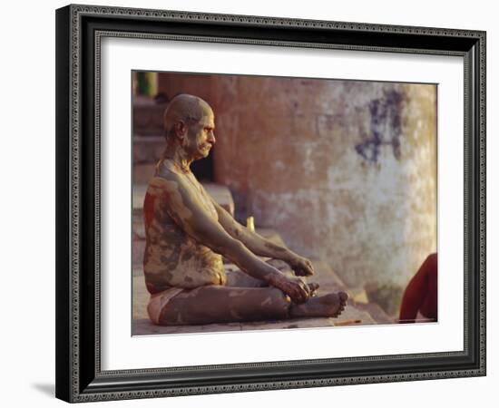 Hindu Pilgrim Meditating, Sitting Cross-Legged on the Ghats, Varanasi, Uttar Pradesh State, India-John Henry Claude Wilson-Framed Photographic Print