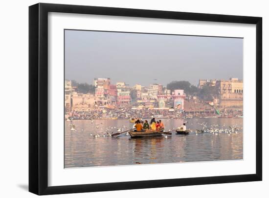 Hindu Pilgrims on Boat in the Ganges River, Varanasi, India-R M Nunes-Framed Photographic Print