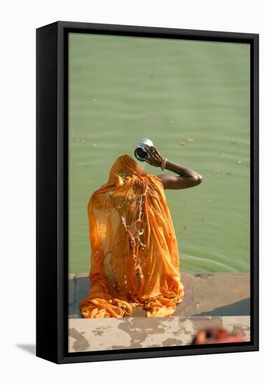 Hindu Woman in a Ritual Cleansing Bath at Pushkar Lake, Rajasthan, Pushkar, India-David Noyes-Framed Premier Image Canvas