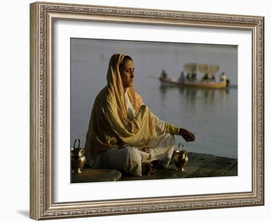 Hindu Woman Meditating Beside the River Ganges, Varanasi (Benares), Uttar Pradesh State, India-John Henry Claude Wilson-Framed Photographic Print