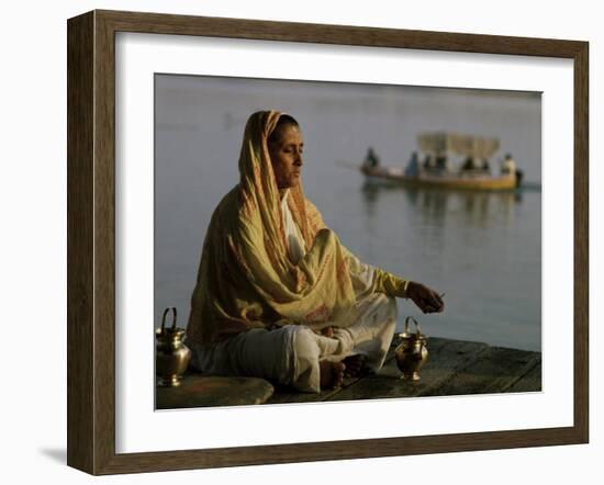 Hindu Woman Meditating Beside the River Ganges, Varanasi (Benares), Uttar Pradesh State, India-John Henry Claude Wilson-Framed Photographic Print