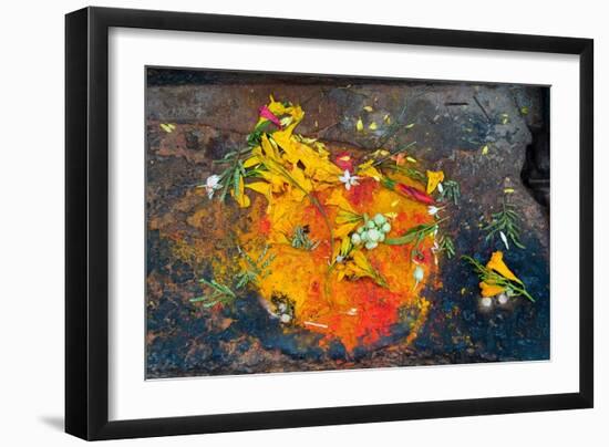 Hinduism: Pigments (Red Kumkum, Yellow Turmeric/Saffron Powder) and Scattered Flower Petal?-null-Framed Photographic Print