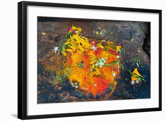 Hinduism: Pigments (Red Kumkum, Yellow Turmeric/Saffron Powder) and Scattered Flower Petal?-null-Framed Photographic Print