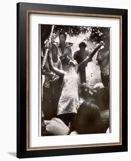 Hippie Girl Enthusiastically Playing Flute and Dancing at Woodstock Music Festival-null-Framed Photographic Print