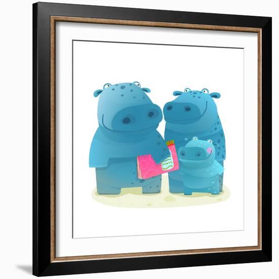 Hippo Family Mother Father and Kid with Book. Happy Fun Watercolor Style Zoo Animal Family for Chil-Popmarleo-Framed Art Print