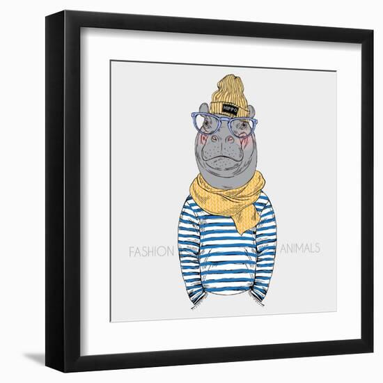 Hippo Hipster in Frock and Scarf - Fashion Animal Illustration-Olga_Angelloz-Framed Art Print