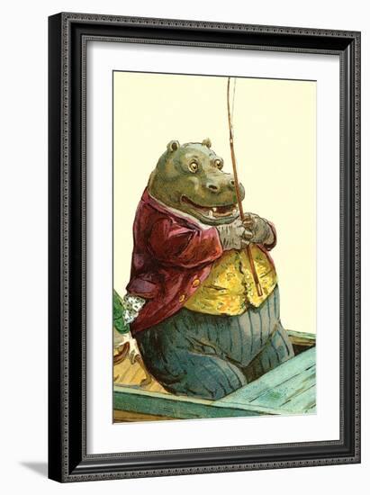 Hippo in Three-Piece Suit Fishing-null-Framed Art Print