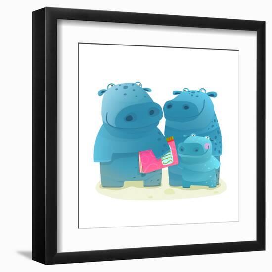 Hippopotamus Family with Book. Mother Father and Child. Happy Fun Watercolor Style Zoo Animal Paren-Popmarleo-Framed Art Print