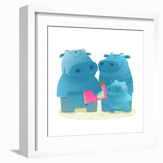 Hippopotamus Family with Book. Mother Father and Child. Happy Fun Watercolor Style Zoo Animal Paren-Popmarleo-Framed Art Print