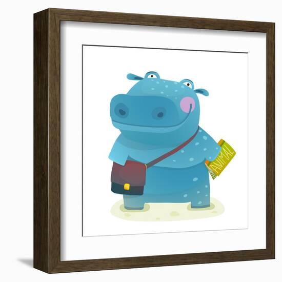 Hippopotamus Kid Student with Book and Bag Going to School. Happy Fun Watercolor Style Pupil Animal-Popmarleo-Framed Art Print