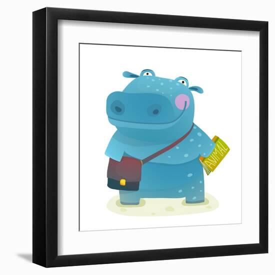 Hippopotamus Kid Student with Book and Bag Going to School. Happy Fun Watercolor Style Pupil Animal-Popmarleo-Framed Art Print