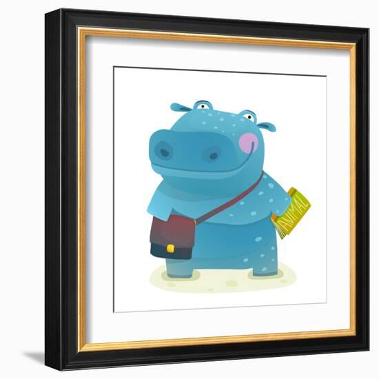 Hippopotamus Kid Student with Book and Bag Going to School. Happy Fun Watercolor Style Pupil Animal-Popmarleo-Framed Art Print