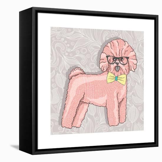 Hipster Bichon with Glasses and Bowtie. Cute Puppy Illustration for Children and Kids. Dog Backgrou-cherry blossom girl-Framed Stretched Canvas