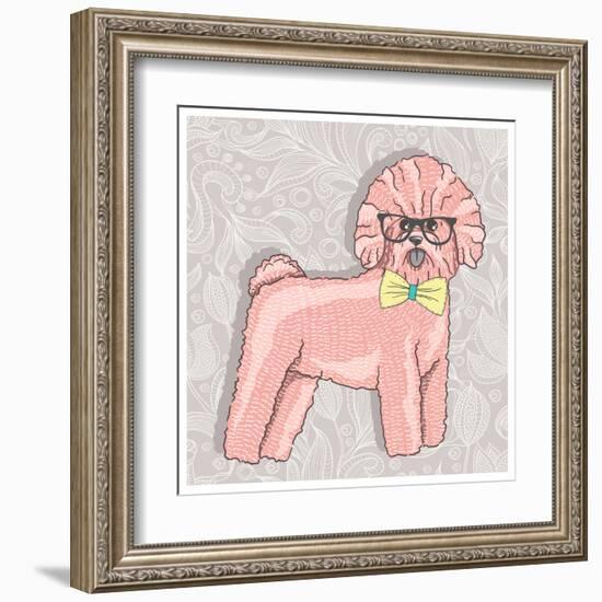 Hipster Bichon with Glasses and Bowtie. Cute Puppy Illustration for Children and Kids. Dog Backgrou-cherry blossom girl-Framed Art Print