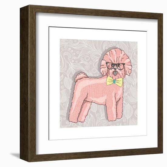 Hipster Bichon with Glasses and Bowtie. Cute Puppy Illustration for Children and Kids. Dog Backgrou-cherry blossom girl-Framed Art Print