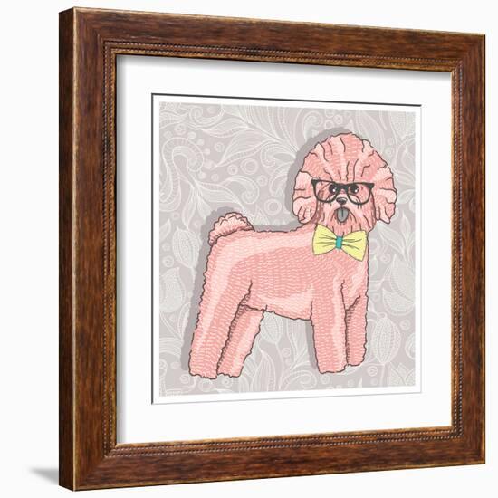 Hipster Bichon with Glasses and Bowtie. Cute Puppy Illustration for Children and Kids. Dog Backgrou-cherry blossom girl-Framed Art Print