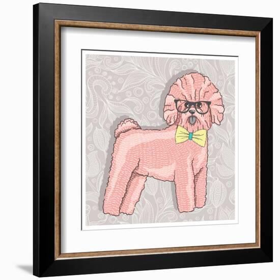 Hipster Bichon with Glasses and Bowtie. Cute Puppy Illustration for Children and Kids. Dog Backgrou-cherry blossom girl-Framed Art Print