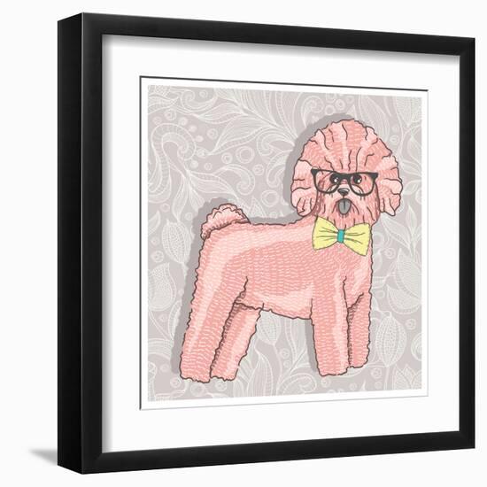 Hipster Bichon with Glasses and Bowtie. Cute Puppy Illustration for Children and Kids. Dog Backgrou-cherry blossom girl-Framed Art Print