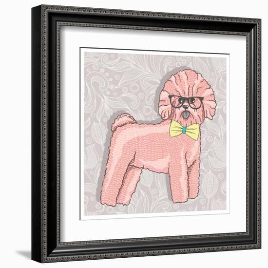 Hipster Bichon with Glasses and Bowtie. Cute Puppy Illustration for Children and Kids. Dog Backgrou-cherry blossom girl-Framed Art Print