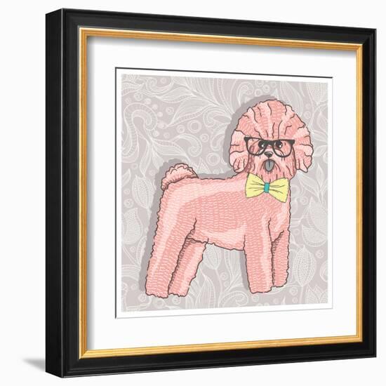 Hipster Bichon with Glasses and Bowtie. Cute Puppy Illustration for Children and Kids. Dog Backgrou-cherry blossom girl-Framed Art Print