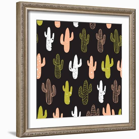 Hipster Cactus Seamless Pattern. Cacti Tribal Boho Background. Fabric Print Design. Succulent Texti-Utro_na_more-Framed Art Print