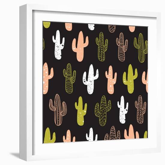 Hipster Cactus Seamless Pattern. Cacti Tribal Boho Background. Fabric Print Design. Succulent Texti-Utro_na_more-Framed Art Print