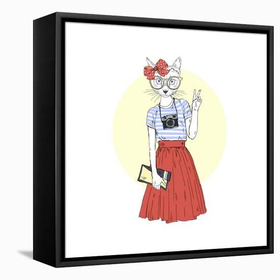 Hipster Cat Girl with Camera-Olga_Angelloz-Framed Stretched Canvas