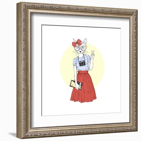 Hipster Cat Girl with Camera-Olga_Angelloz-Framed Art Print