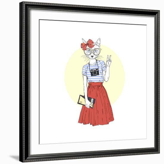 Hipster Cat Girl with Camera-Olga_Angelloz-Framed Art Print