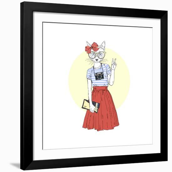 Hipster Cat Girl with Camera-Olga_Angelloz-Framed Art Print