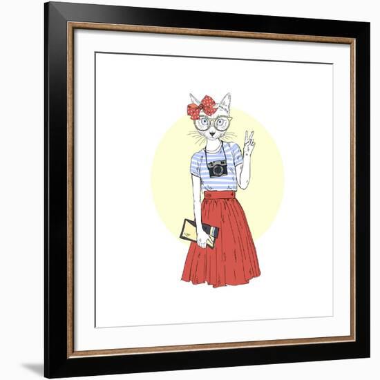 Hipster Cat Girl with Camera-Olga_Angelloz-Framed Art Print