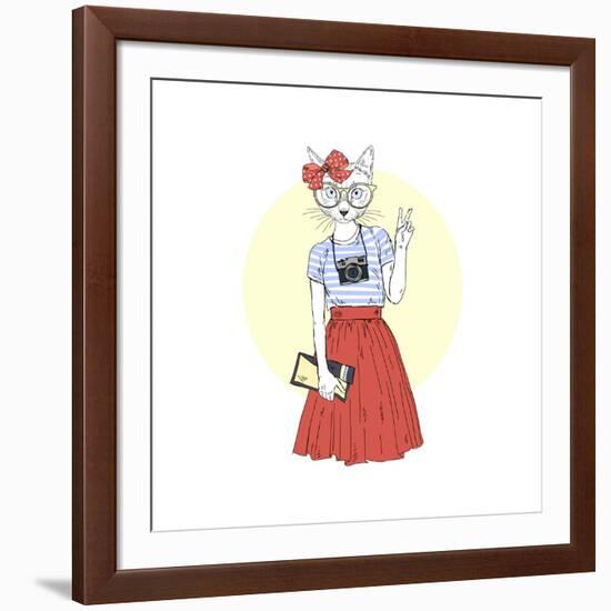 Hipster Cat Girl with Camera-Olga_Angelloz-Framed Art Print