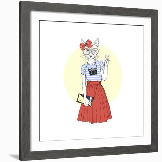 Hipster Cat Girl with Camera-Olga_Angelloz-Framed Art Print