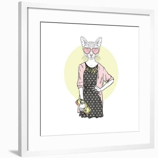 Hipster Cat Girl with Purse-Olga_Angelloz-Framed Art Print