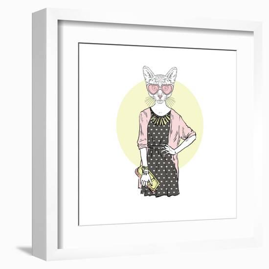 Hipster Cat Girl with Purse-Olga_Angelloz-Framed Art Print