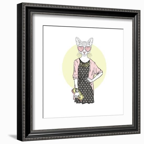 Hipster Cat Girl with Purse-Olga_Angelloz-Framed Art Print