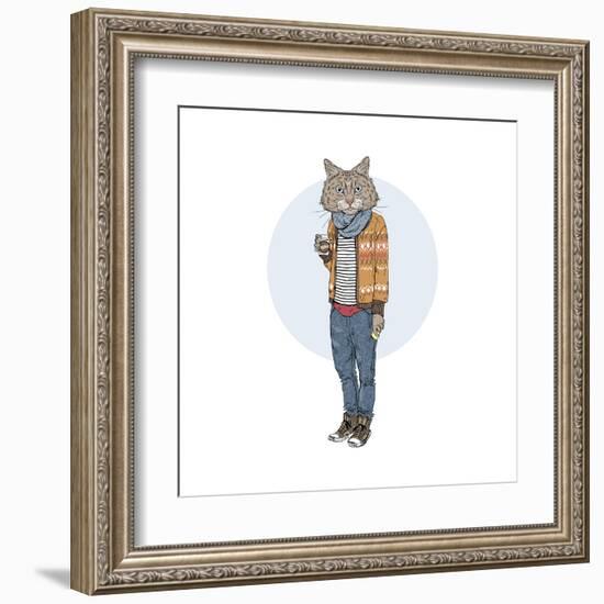 Hipster Cat with Coffee-Olga_Angelloz-Framed Art Print