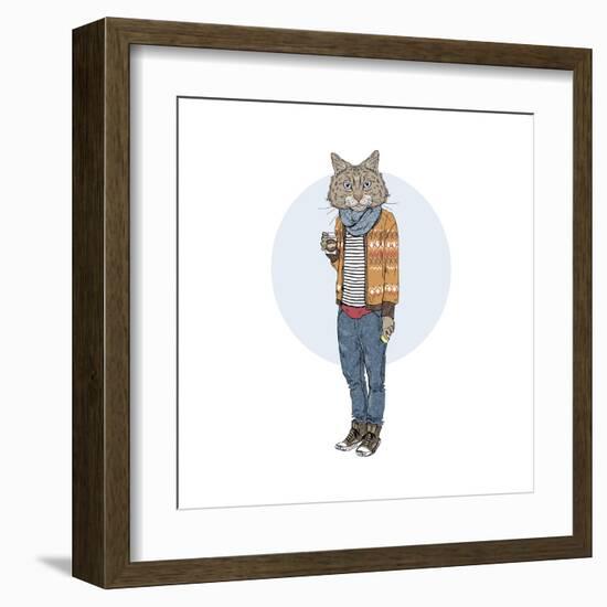 Hipster Cat with Coffee-Olga_Angelloz-Framed Art Print