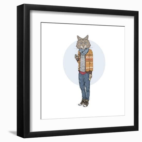 Hipster Cat with Coffee-Olga_Angelloz-Framed Art Print