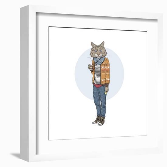 Hipster Cat with Coffee-Olga_Angelloz-Framed Art Print