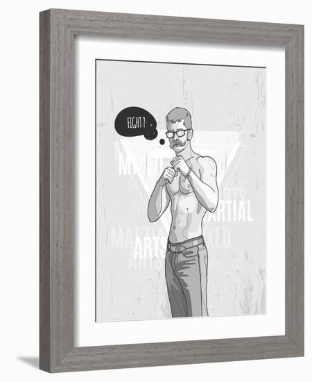 Hipster Graffiti Character on Abstract Triangle Background. Hand-Drawn Dude with Mustache. Vector I-fet-Framed Art Print